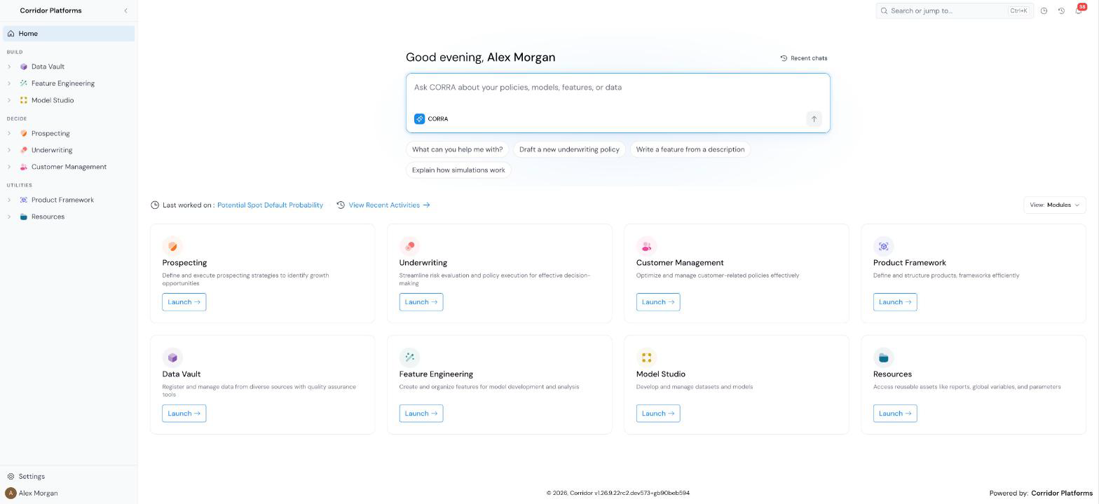 Corridor Platforms home page after login, showing eight module tiles: Prospecting, Underwriting, Customer Management, Product Framework, Data Vault, Feature Engineering, Model Studio, and Resources.