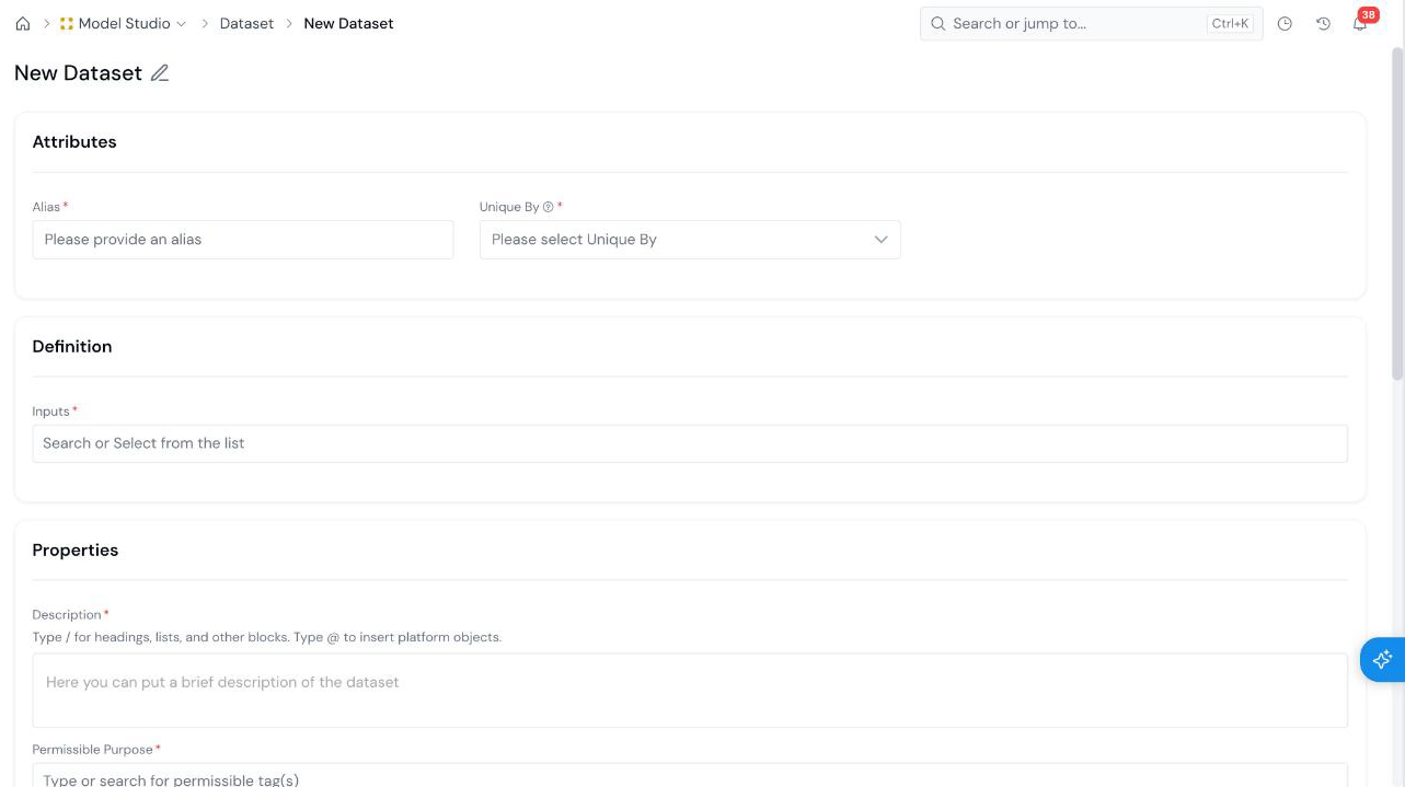 New Dataset form with the Attributes section (Alias and Unique By), the Definition section (Inputs), and the start of the Properties section.