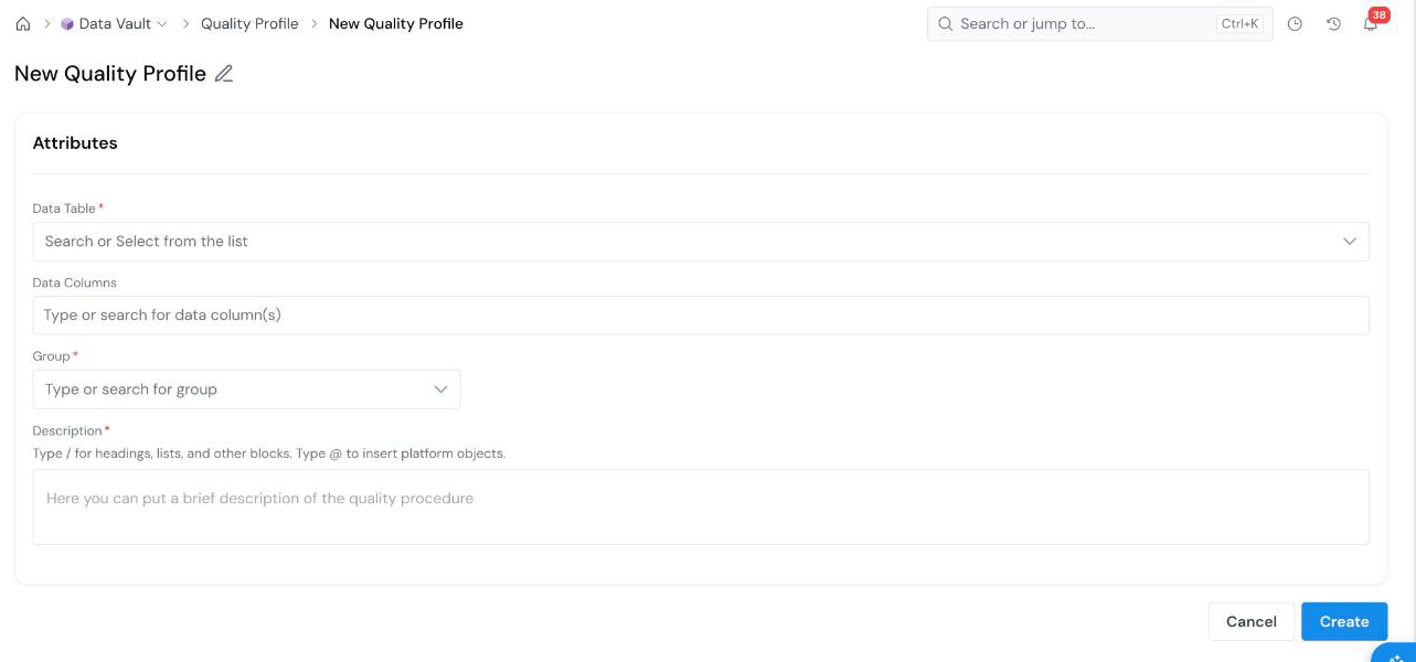 New Quality Profile form with Data Table, Data Columns, Group, and Description fields.