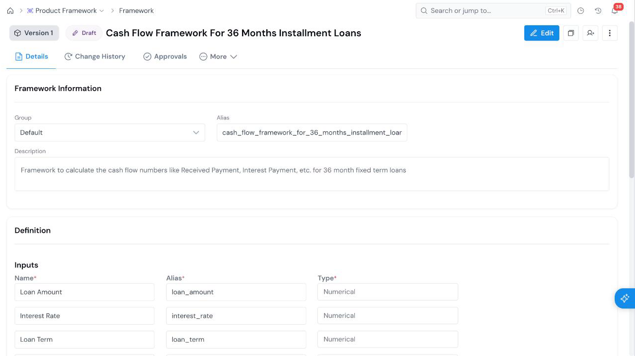 Framework details page showing the Version 1 and Draft badges, the Details, Change History, Approvals, and More tabs, Framework Information, and the Inputs table.