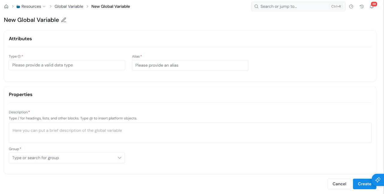 New Global Variable form with the Attributes section (Type and Alias) and the Properties section (Description and Group).