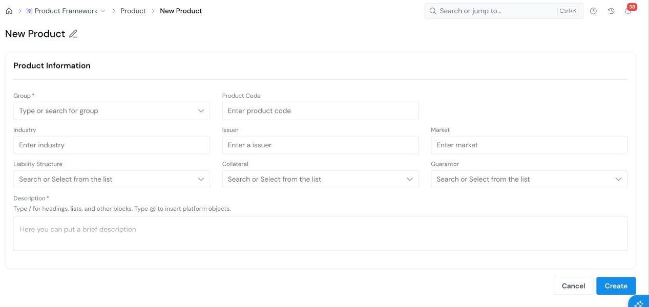 New Product form with the Product Information section: Group, Product Code, Industry, Issuer, Market, Liability Structure, Collateral, Guarantor, and Description.