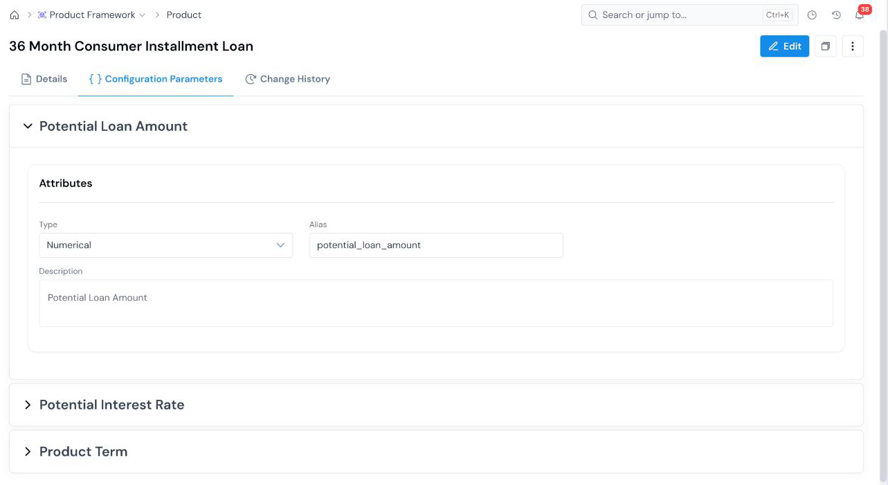 Configuration Parameters tab of a product, with the Potential Loan Amount parameter expanded to show its Type, Alias, and Description.