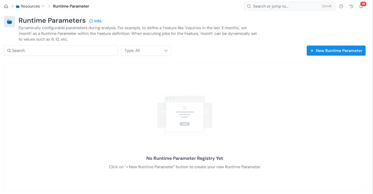 Runtime Parameters registry page with its description, a search box, a Type filter, and the New Runtime Parameter button.