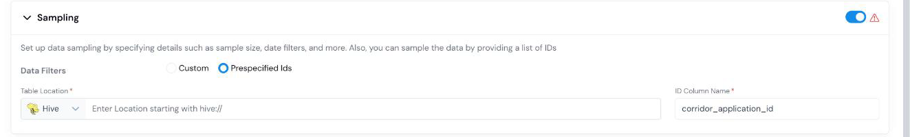 Sampling section in Prespecified Ids mode with Table Location and ID Column Name fields.