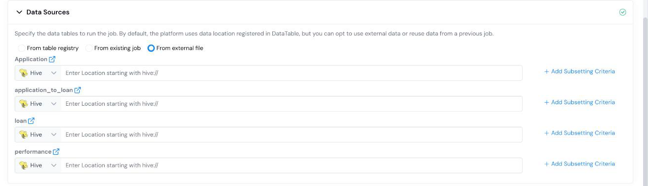 From data file source with per-table location overrides and Add Subsetting Criteria.